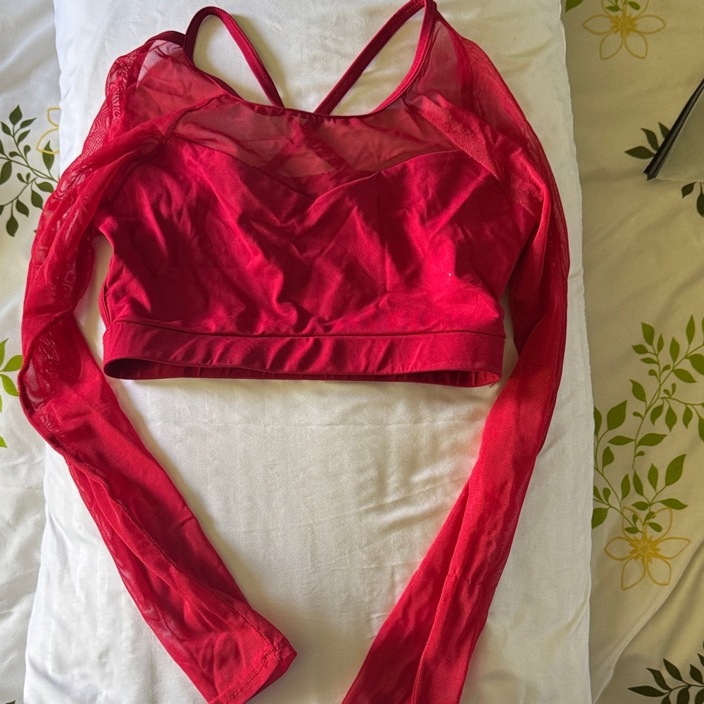 Red Mesh Long-Sleeve Bralette Top